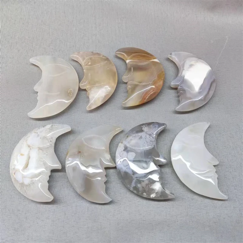 Wholesale Natural Crystal Flower Agate Moon Carving Craft Ornament Cherry Blossom Agate Moon For Decoration