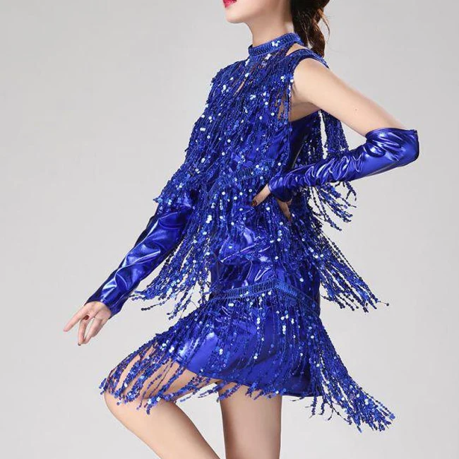 OEM ODM Custom Sexy Competition Ballroom Sequined Dancing Dresses Women Tassel Latin Dance Dress