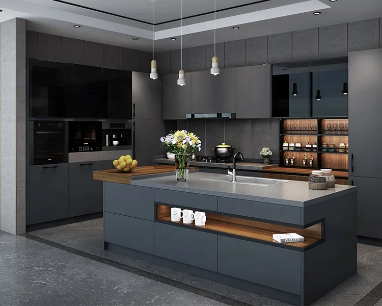2022 New Customized wholesale Simple design black shaker lacquer modern kitchen cabinet