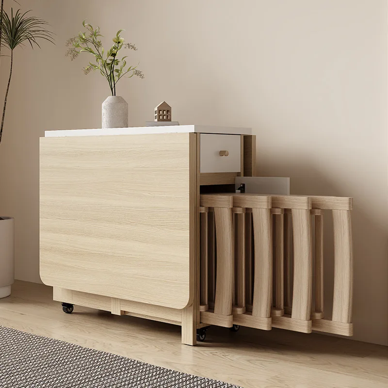 Combination wooden furniture Movable wooden folding dining table and chair Space saving wooden folding dining table