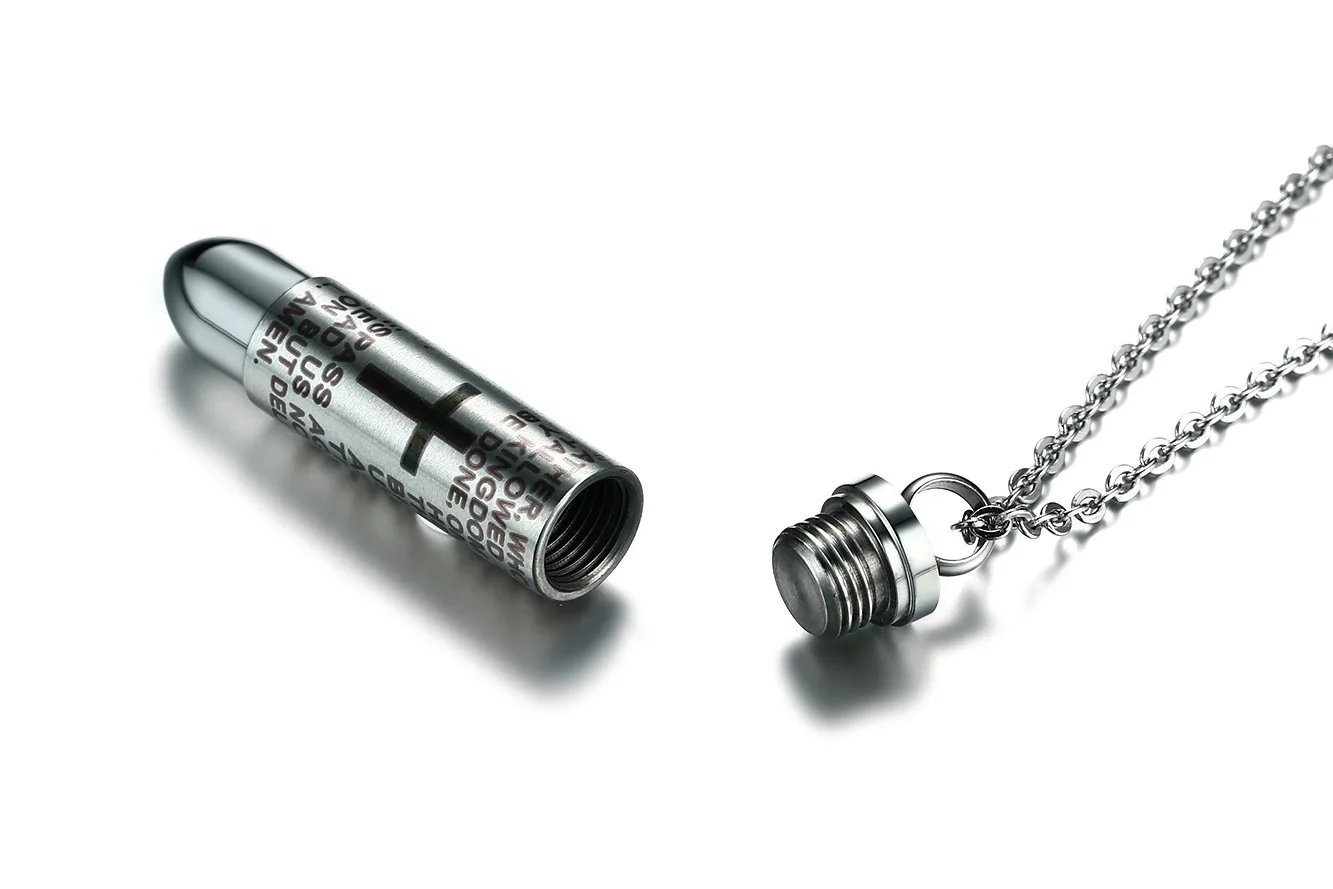 
Men openning urn Stainless steel bullet necklace holy bible cross pendant 