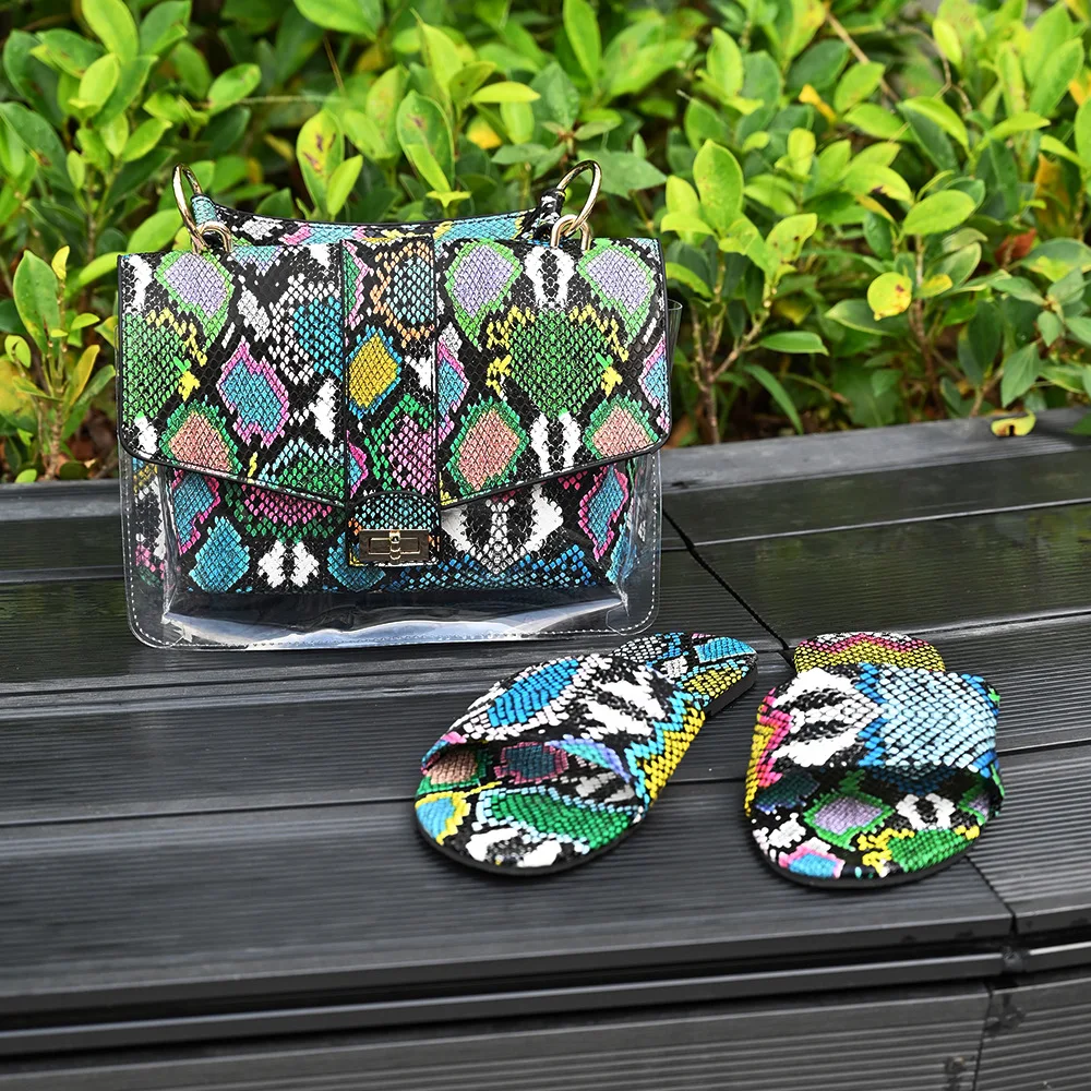 2021 Graffiti handbags and slippers sets fashionables snake print handbag and shoes