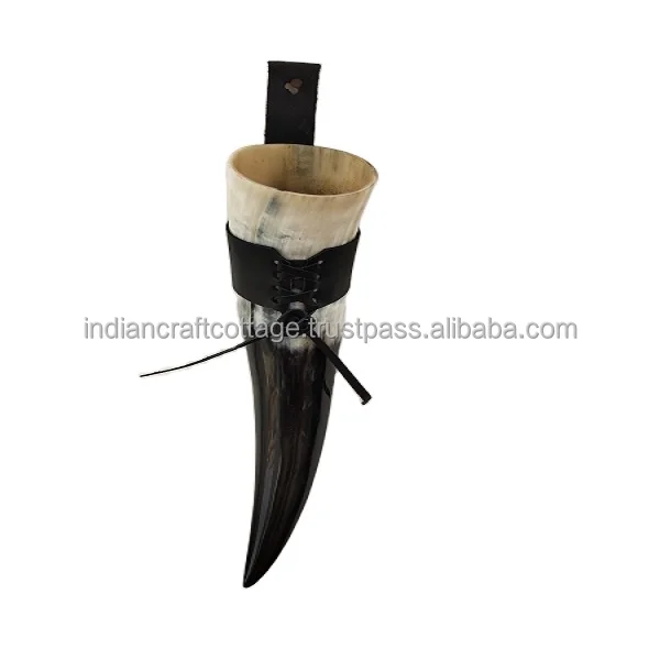 Buffalo/ox drinking horn with leather strap