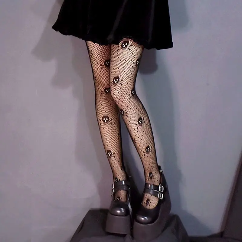 New Flame snake Skull spider web hollowed out fishnet socks pure white silk stockings Sexy black silk tights pantyhose