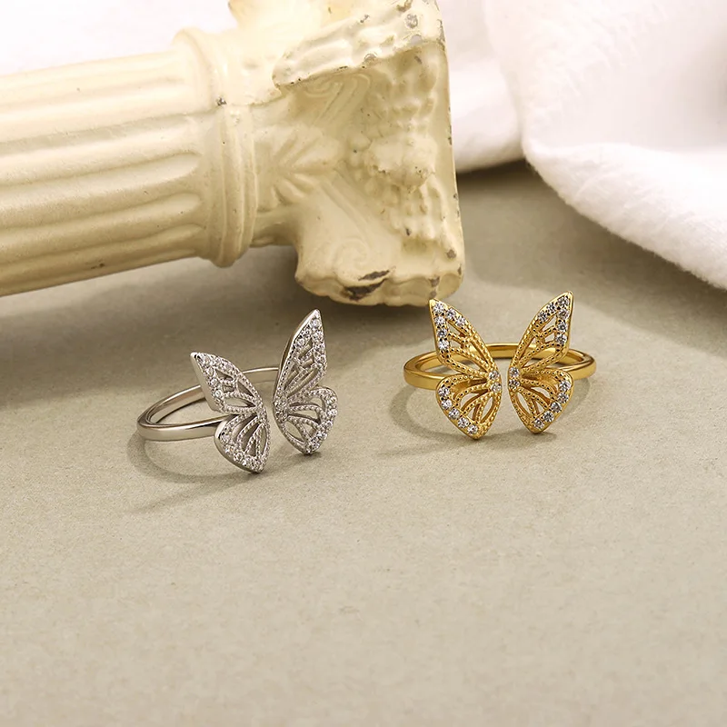 Factory Price Gold Plated Cubic Zirconia Hollow Butterfly Rings 925 Sterling Silver Women Adjustable Ring