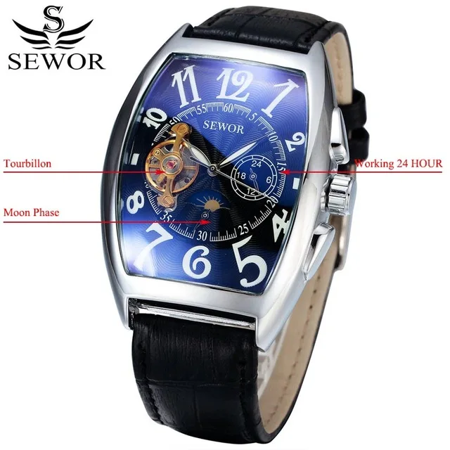 
SEWOR 577 Classic Tourbillon Wrap Mens Watches Automatic Watch Golden Case Calendar Male Clock Black Mechanical Watch 