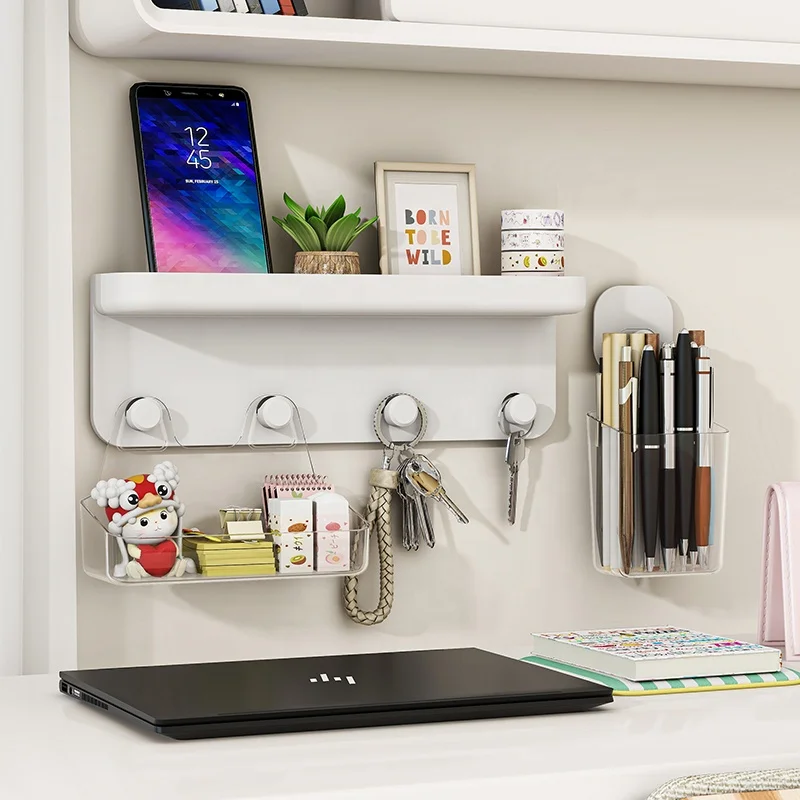 Modern Design Wholesale Plastic Adhesive Wall Hanger Rack Hole-Free Hanging Storage Shelf Home Use Kitchen Bathroom Living Room