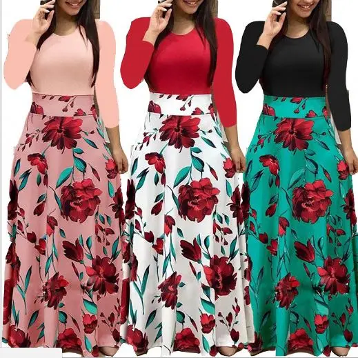 Spring Autumn Casual Robe Elegant Ladies Party Long Maxi Dress Women Short Sleeve Floral Print Dress