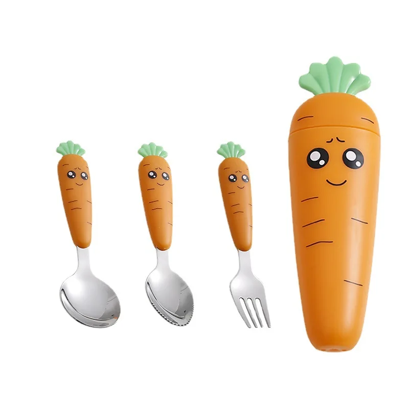 Food Grade Cute Carrot Design Safe Child Cutlery Set Stainless Steel 304 Food Feeding Spoon and Fork with Case Kids Flatware Set