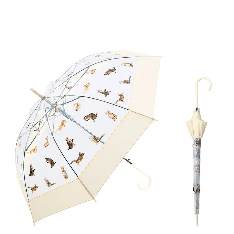 Cute Cat Dog Prints  Plastic Handle Transparent Straight Umbrella