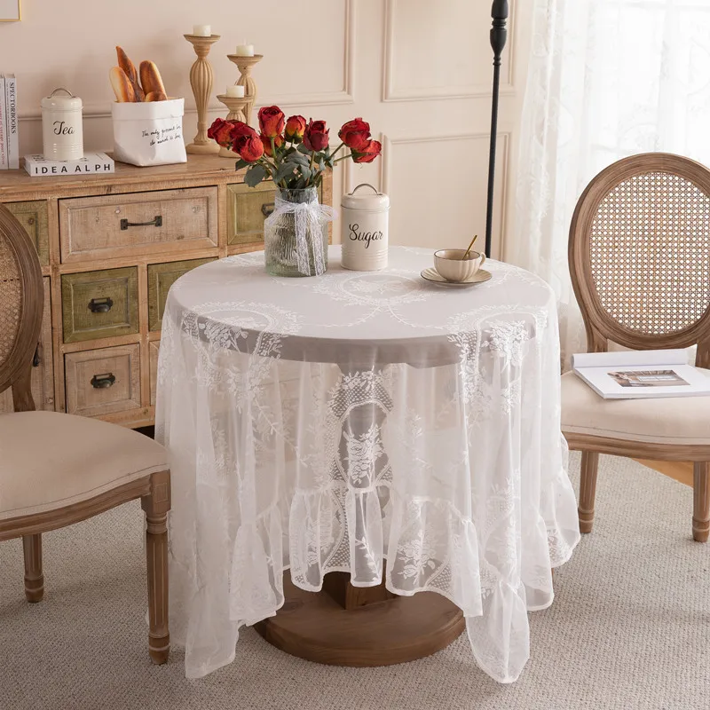 French home decoration round table cover cloth tea table wedding pastoral white lace tablecloth