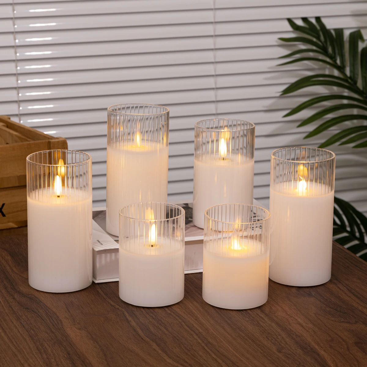 Striped Roman column Glass Jar Led Wax Candle Simulated Led Candle with Moving Wick Flameless for Romantic Wedding Decorative
