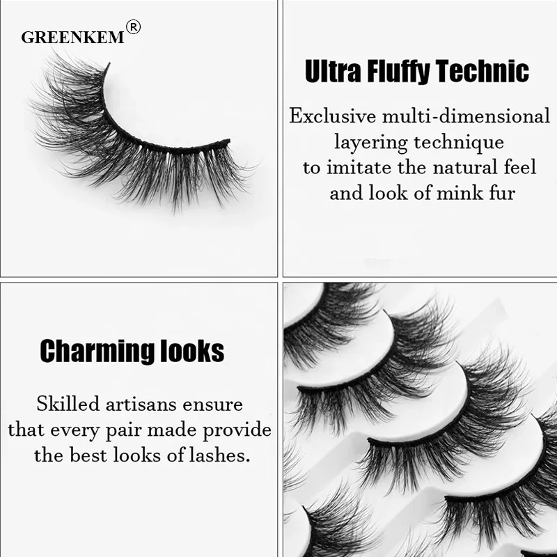 GREENKEM Natural False Eyelashes Thick Makeup Real Soft Eyelash Extension Eyelash Boxes Custom Logo Packaging 3D Mink Lashes