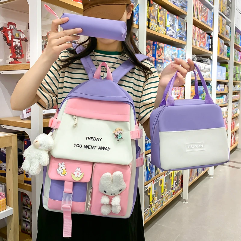 Hot Sale 3-piece Set Large Capacity Backpack With Rabbit Pendant Lunch Bag School Pencil Case Set Portable Book Bag Set