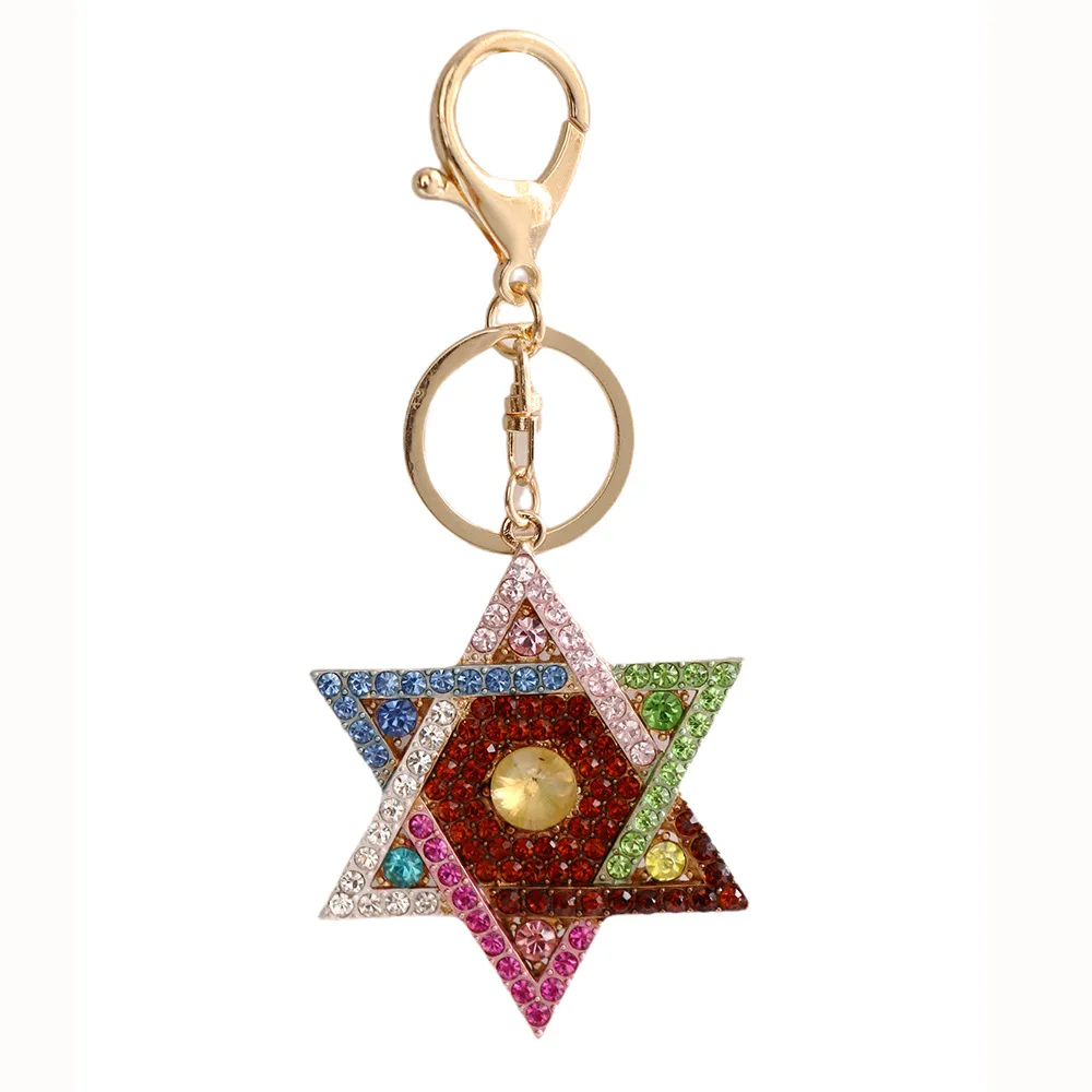 David Star Keychain Jewish Six Star Key Ring Metal Diamond Jewelry Hanukkah Festival Hang Chain Gift