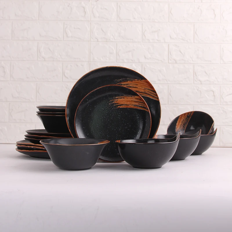 Maple-leaf Red Pattern Matte Black Color 16pcs Set Meteor Porcelain Tableware Sets Ceramic Turkish Dinnerware Set