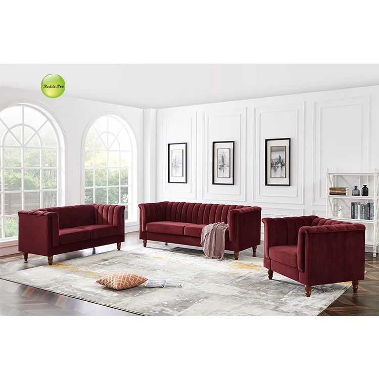 Red color modern velvet fabric sectional sofa, european sofa cover set, 321 seat full knock down sofa
