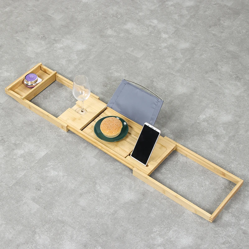 Expandable Bath Tray Table with 1 Sliding with Book Wine Phone Holder Tray for Tub Bath Accessories Bamboo Bathtub Caddy Tray