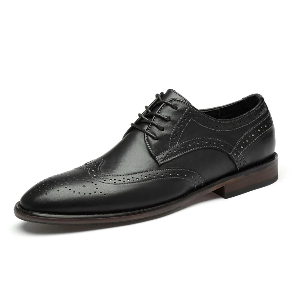 Genuine Leather Burnished Pointed Toe Wingtip Formal Brogue Carving Lacing Oxfords for Men