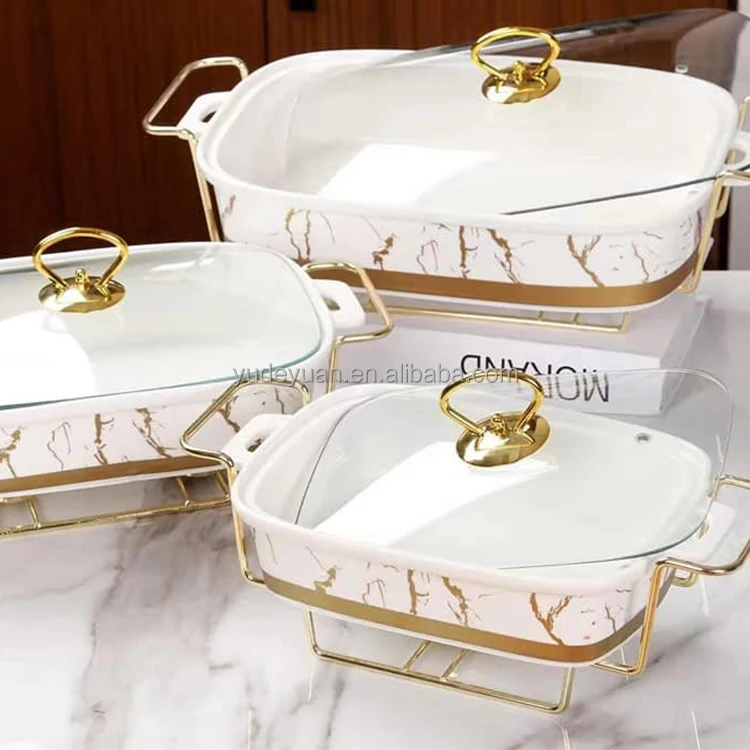 Marble Porcelain Bakeware Nonstick Ceramic Nordic Food Tray Casserole Ceramic Soup Stock Pots with Glass Lid Gold Rack