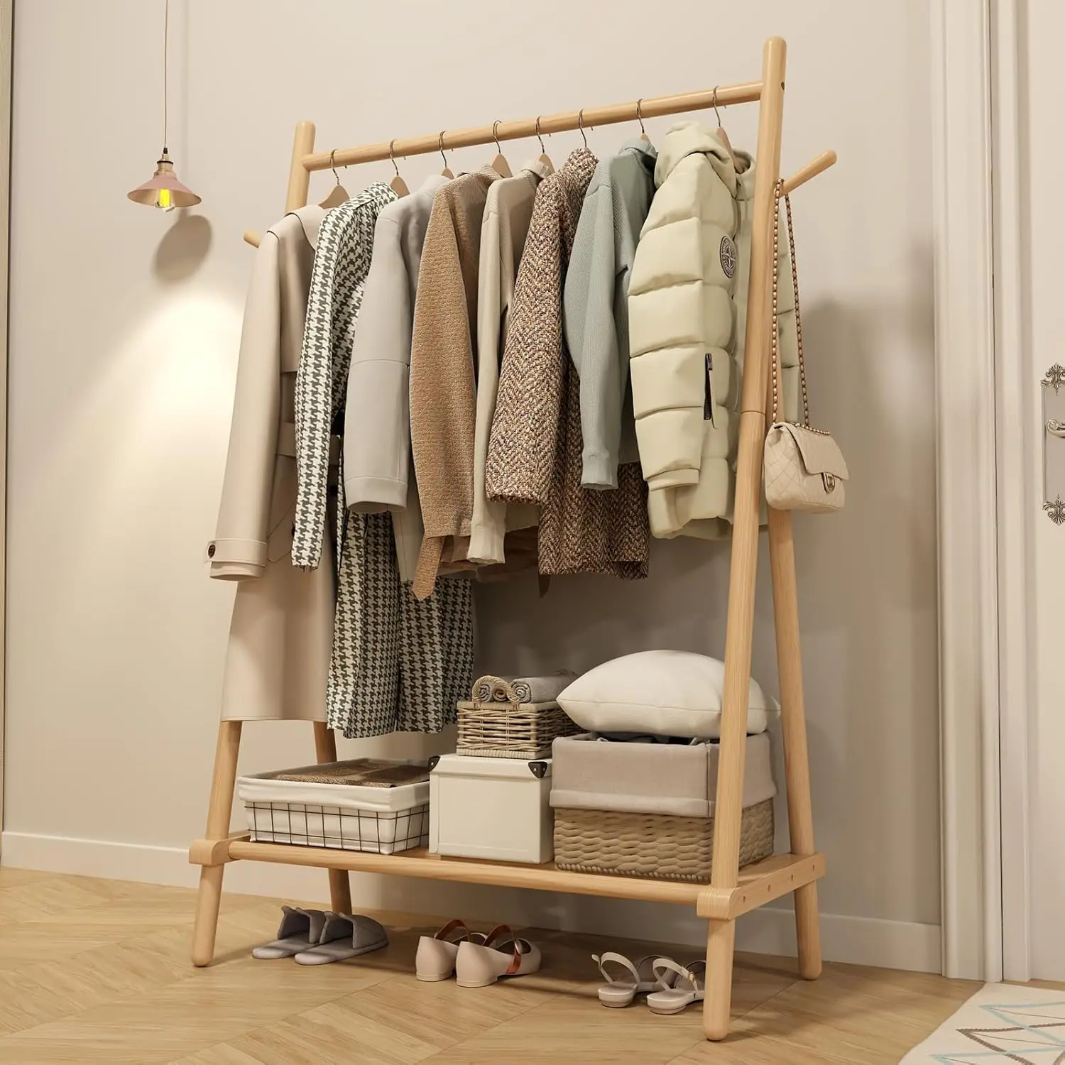 Solid Wood Clothes Rack, Clothing Rack with Shelf and Hook, Sturdy and Portable, Garment Rack for Hanging Clothes,Coats