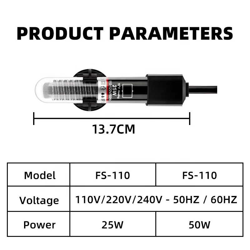 Freesea Stocked FS-110 Aquarium Heater 25W 50W 110V 120V 240V 50HZ 60HZ Submersible Aquarium Heating Rod For Small Fish Tank
