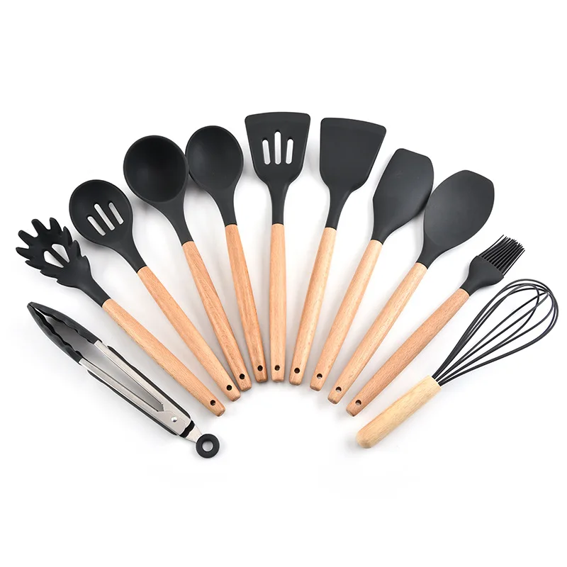 
Kitchen Utensil Set Silicone Cooking Utensils 12Piece - Cooking Utensils Set with Bamboo Wood Handles for Nonstick Cookware 