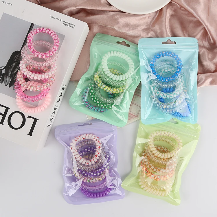 Candy Color 5Pcs Transparent Elastic Plastic Spiral Hair Ties Set Women Ponytail No Crease Coil Phone Cord Hair Scrunchy
