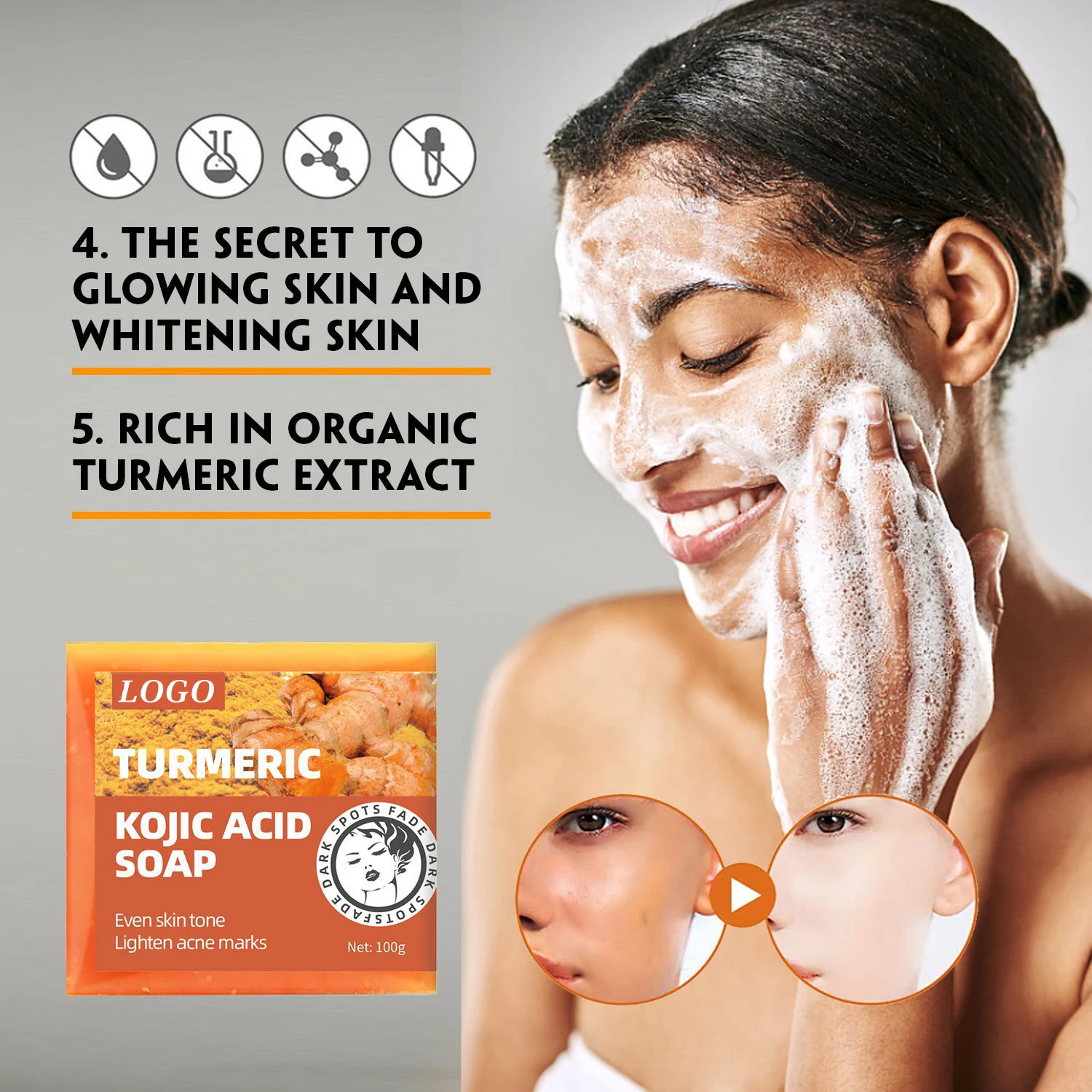 BLIW Private Label Organic Anti-aging Whitening Anti Acne Marks Turmeric Kojic Acid Soap For Bathing And Facial Cleansing