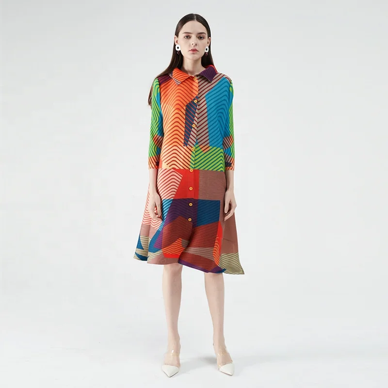 plus size women clothing turkey women office dresses Temperament pleated print   geometry 2020 summer new