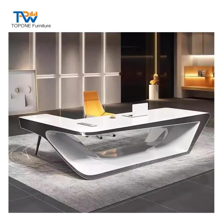 Modern solid surface L shape white blue manager office desk with return open front lacquered office furniture