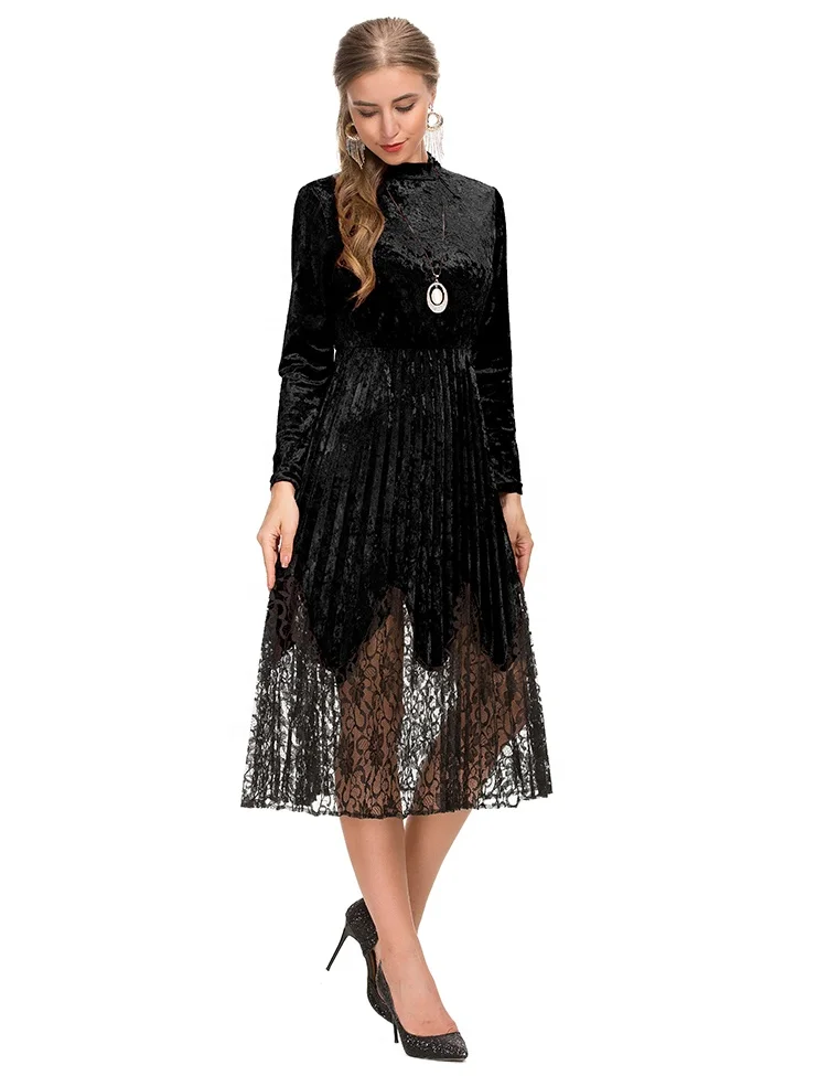 
Wholesale Women Velvet Long Sleeve Dress For Spring Autumn Black Red 