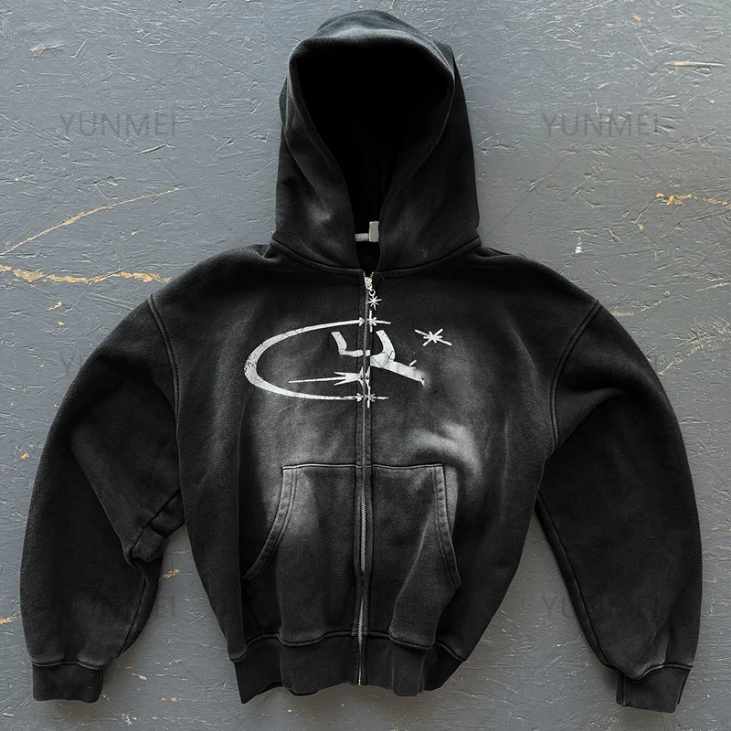 Hoodie Manufacturers Wholesale Custom Hoodies Unisex Cotton Oversized Boxy Dtg Printing Stone Distressed Acid Wash Zip Up Hoodie