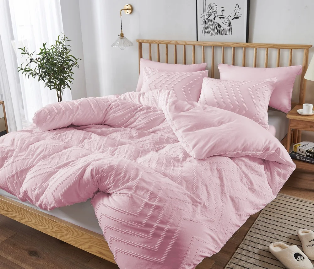 Оптовая продажа, текстурированный ворсовый Комплект постельного белья в стиле бохо с кисточками и резным ворсом, Комплект постельного белья, розовое кружево, принимаем Индивидуальные дизайны постельных принадлежностей