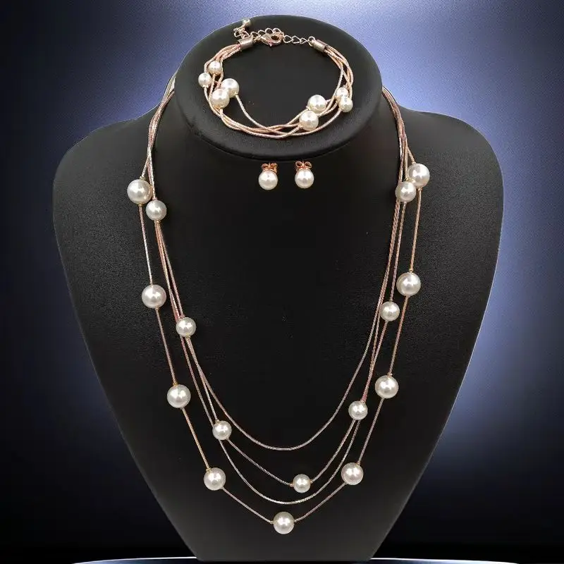 fashion multi-layer pearl set long trendy necklace bracelet pearl pijamas winter pearl jewellery set