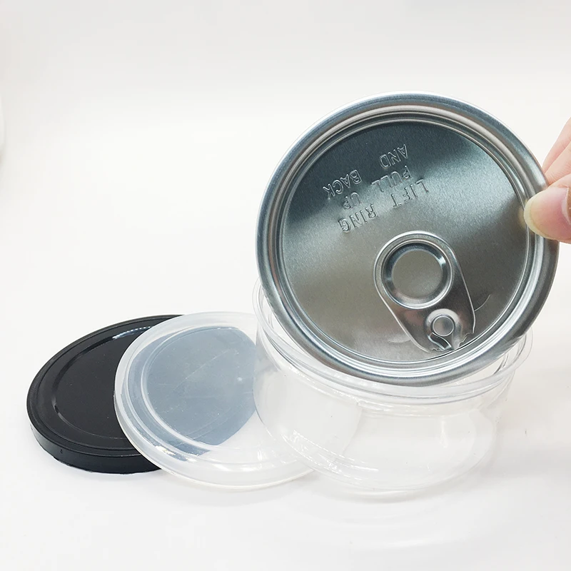 Childproof tuna can ring pull plastic container 3.5gram 100ml plastic metal tin with Black or Clear Lid