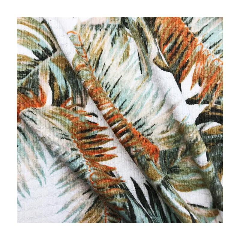 Hot sale Sublimation Palm leaf design knitted fabric 185gsm TR stretch printed baby rib fabric for garment