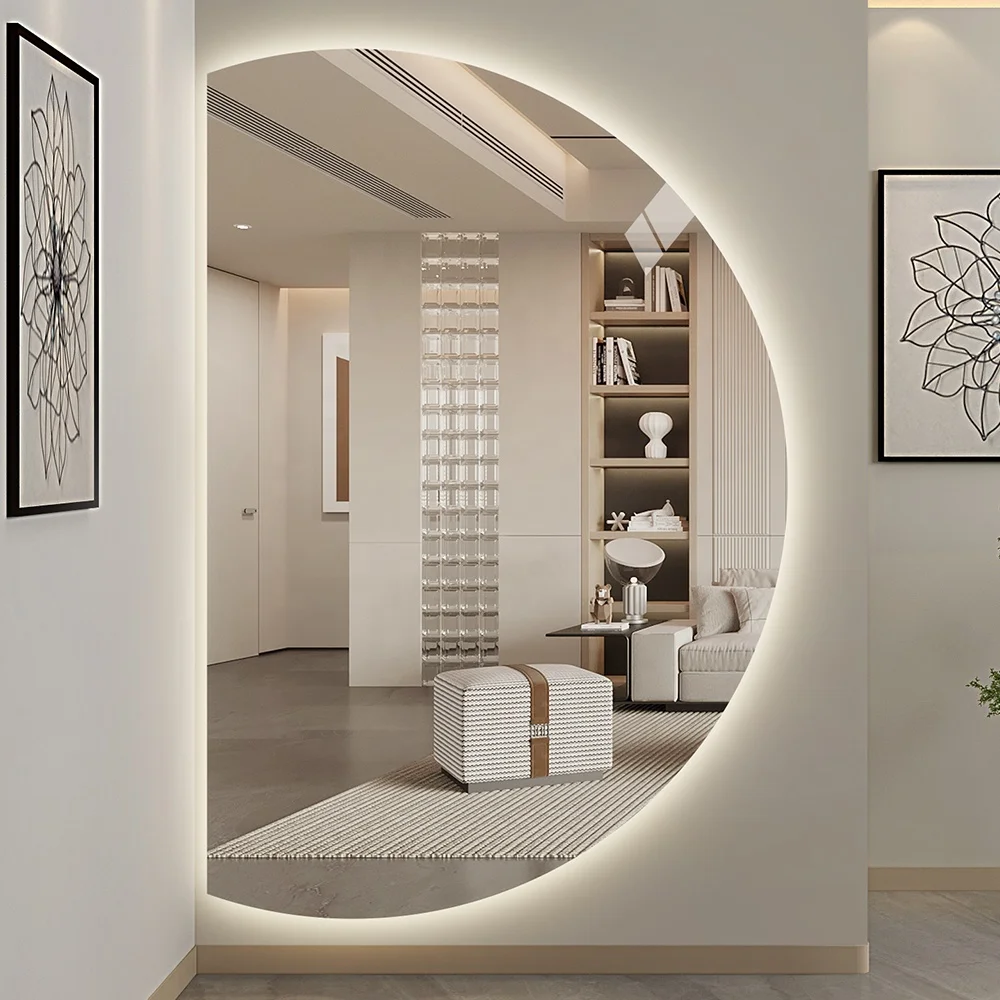 Modern LED Smart Mirror with Irregular round Half Moon Design Wall Mirror For Home Hotel Bedroom Decor Touch Sensor
