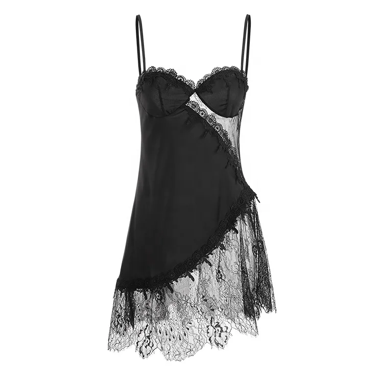 hot sale sexy lingerie ice silk lace Sleepwear babydoll with lace trim for women summer Silky nightgown with underwear