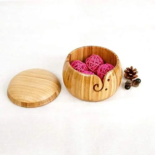 Round Bamboo Yarn Bowl Balls Dispenser Needle Sewing Kit Storage Handmade Knitting Yarn Holder Stand With Lid For Crochet