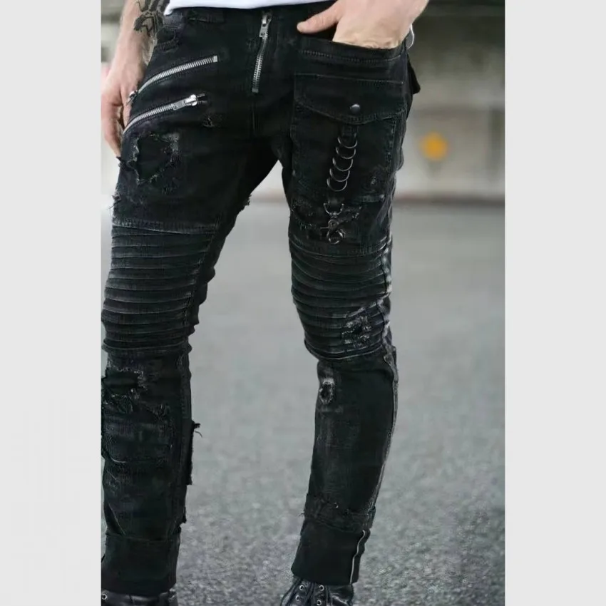 Men Jeans Trouser Motorcycle Small Feet Biker Jeans Streetwear Skinny Designer Denim Pants