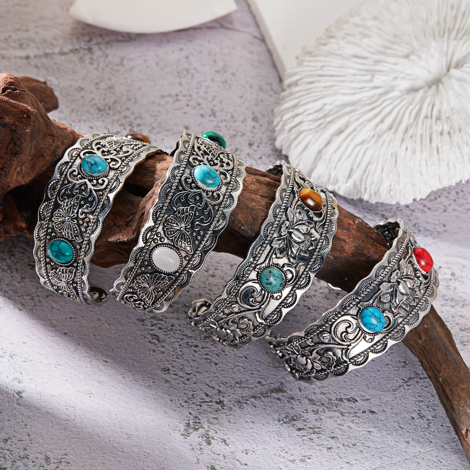 Vintage Natural Stone Feather Bangle Bracelet Women Men Turquoise Rhinestone Open Adjustable Wide Couple Bracelet Ethnic Jewelry