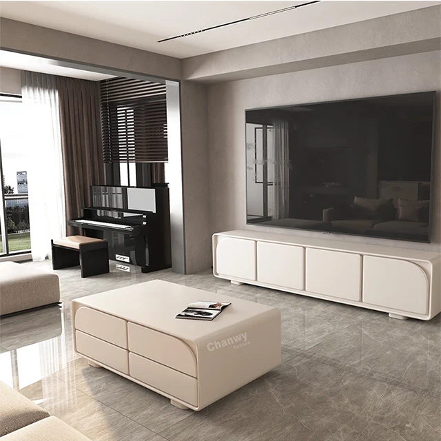C71 Modern simple cream style household living room solid wood storage TV cabinet tea table combination