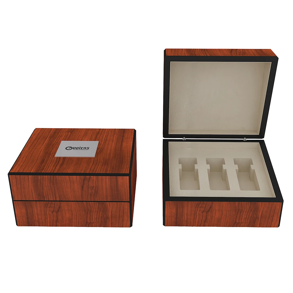 Wooden perfume box holds 3 perfume bottles for luxury custom logo