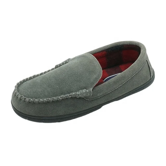 Warmlab best selling good quality  winter warm cow suede  upper plaid fleece lining loafer for men