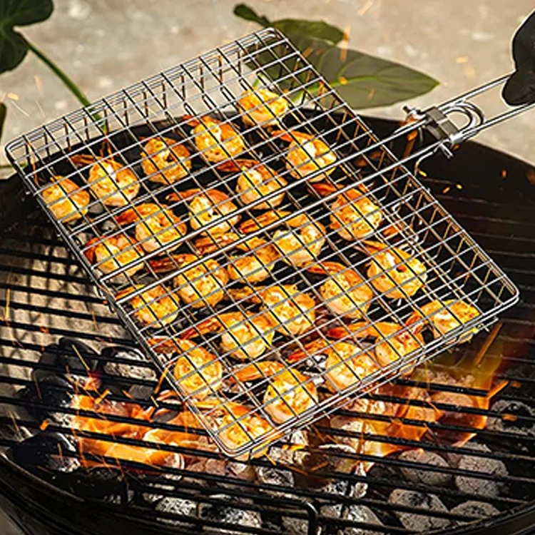 [AMZ HOT Sale]Stainless Steel Grilled Chicken Rack Wire Mesh Net Folder Basket Portable Fish Bbq Grill Set Basket