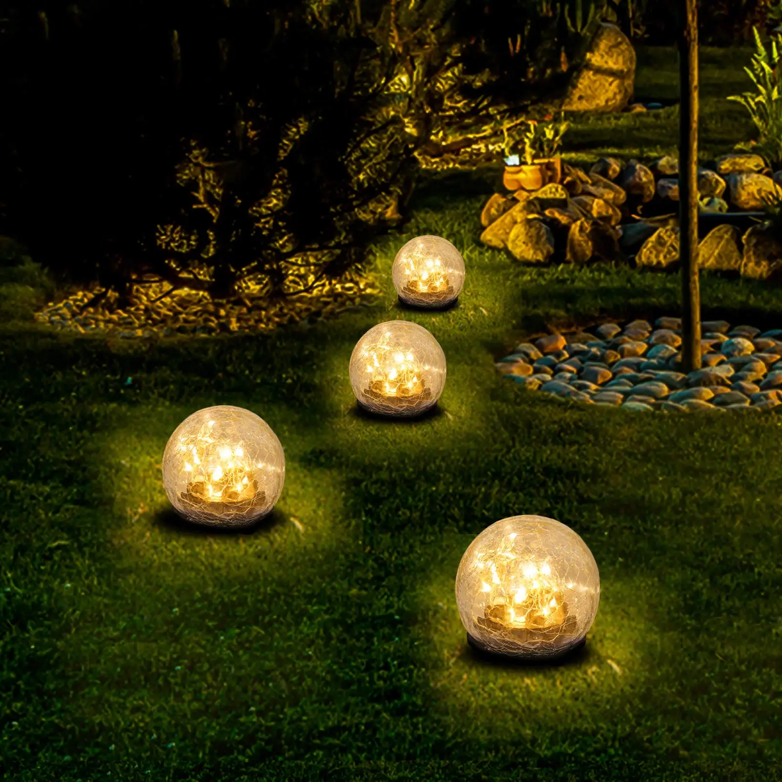 Custom 12cm Warm White LED Solar Garden Lights High Density Waterproof Cracked Glass Globe Ball Ornaments for Outdoor Pathway