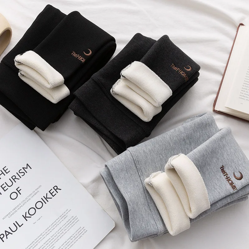 Fashion Ribbed Cashmere Velvet Warm Leggings Pants Women High Waist Elastic Skinny Black Knitted Pants For Woman Female Bottom