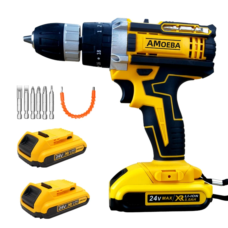 Хорошее качество 24 в беспроводной набор электродрелей с ударом две батареи одно зарядное устройство пластиковая коробка литий-ионный беспроводной перфоратор