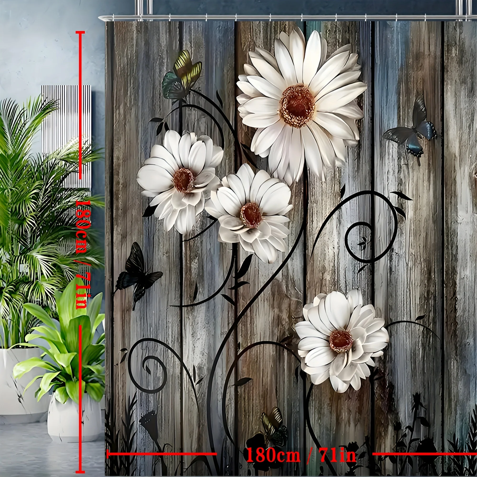 Grey Floral Shower Curtain With Butterfly Daisy Design, Bathroom Decor,shower Curtains Set